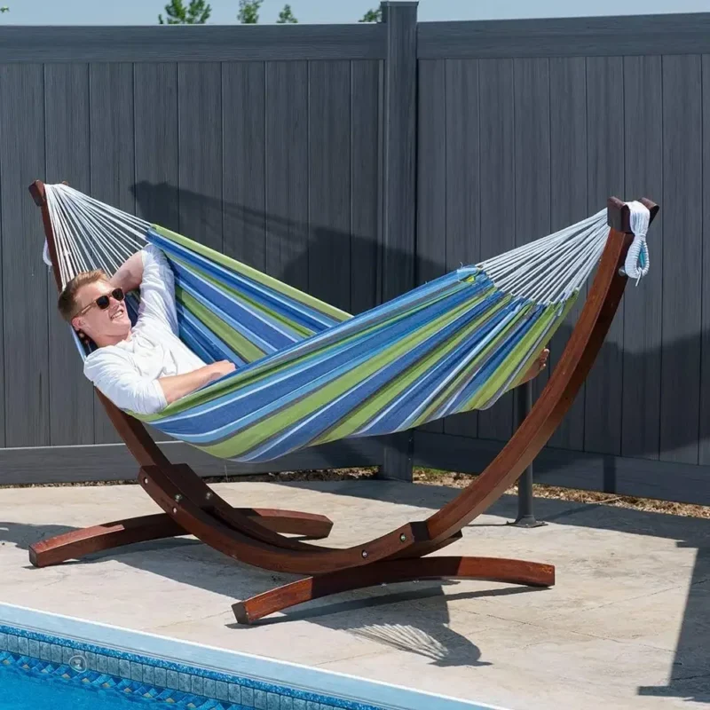 Double Cotton Hammock with Pine Arc Stand - 450 lbs Capacity for Backyard Relaxation - Image 3