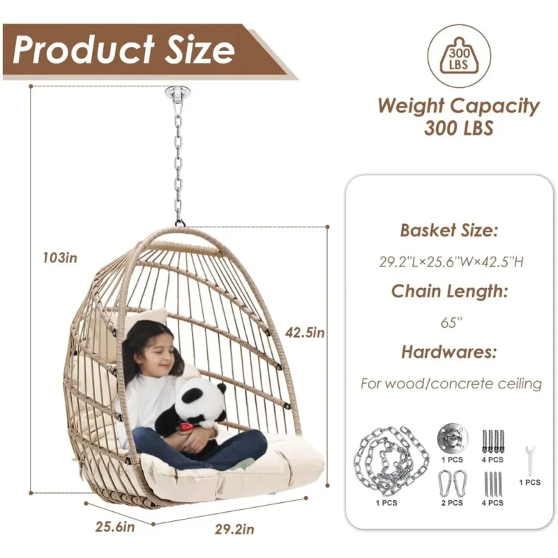 Foldable Rattan Egg Chair with Cushion - 300 lbs Capacity for Indoor & Outdoor - Image 2