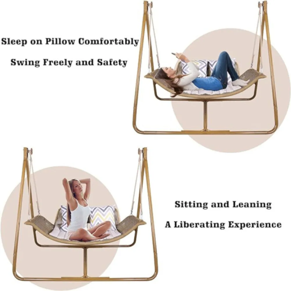 Suspended egg chair with sturdy stand and thick cushions for patio use