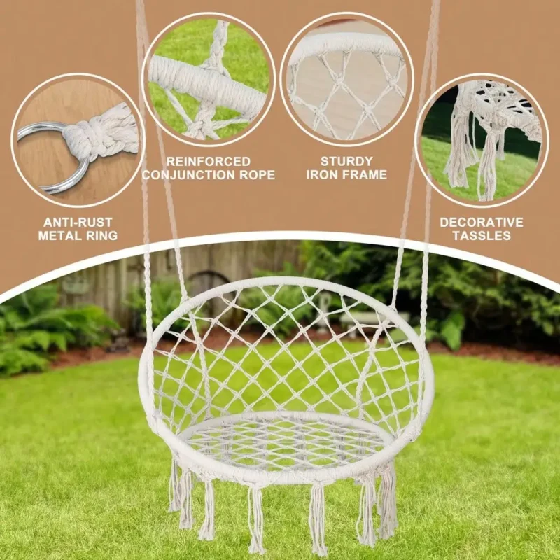 Bohemian Cotton Rope Hammock Chair with Mesh Swing - 265 lbs Capacity for Indoor & Outdoor Use - Image 6