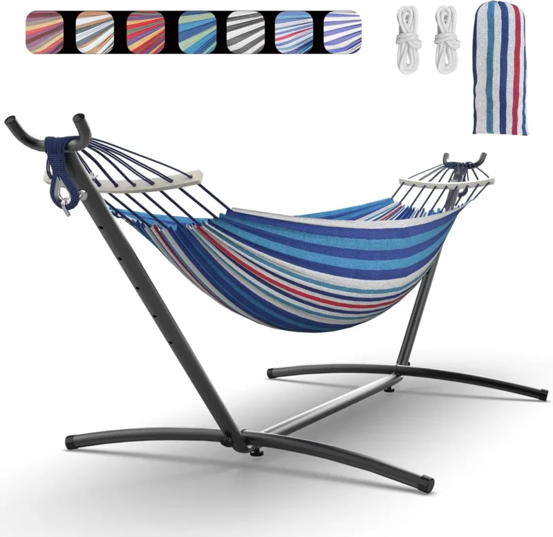 Double Fabric Hammock with Steel Stand - 600 lbs Capacity for Indoor & Outdoor - Image 9