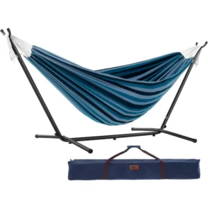 Double Cotton Fabric Hammock with Space-Saving Steel Stand - 450 lbs Capacity for Indoor & Outdoor