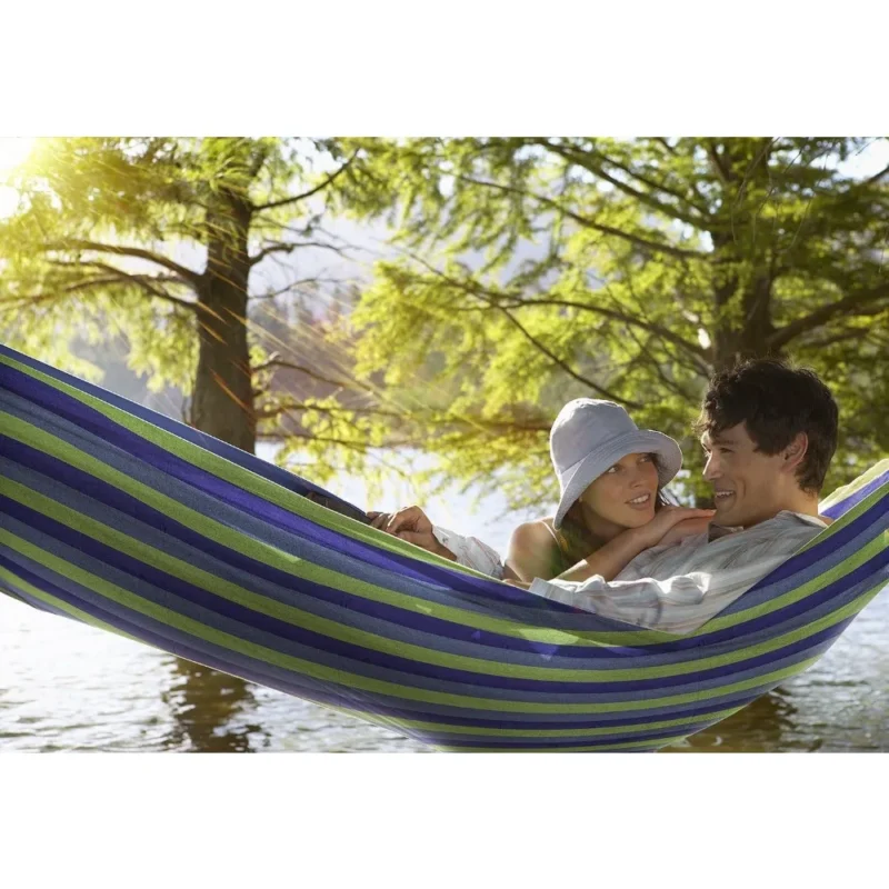 Double Cotton Blend Hammock with Steel Stand - 450 lbs Capacity for Indoor & Outdoor Use - Image 4