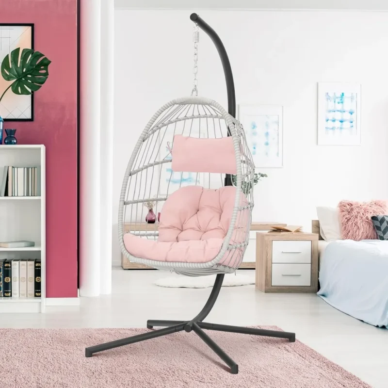 Pink Wicker Egg Chair with Stand - 350 lbs Capacity for Indoor & Outdoor Relaxation