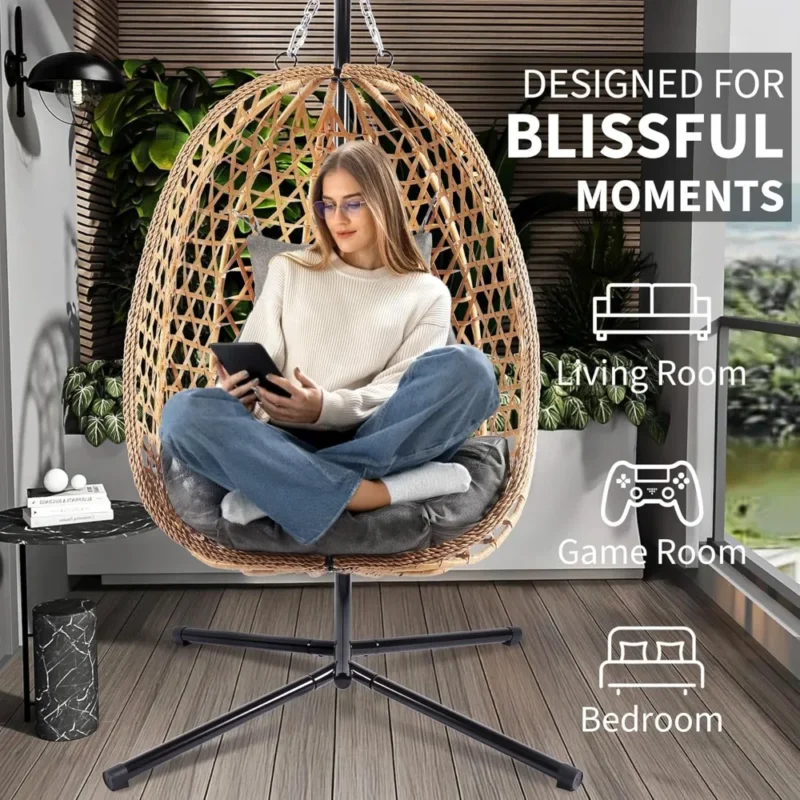 Hanging Egg Chair with All-Weather Wicker - 350 lbs Capacity for Patio & Bedroom - Image 6